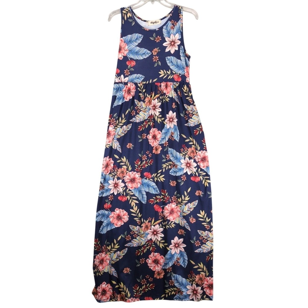 Haptics Holly Harper Navy Tropical Maxi Dress Sz S Pockets Stretch Resort Beach